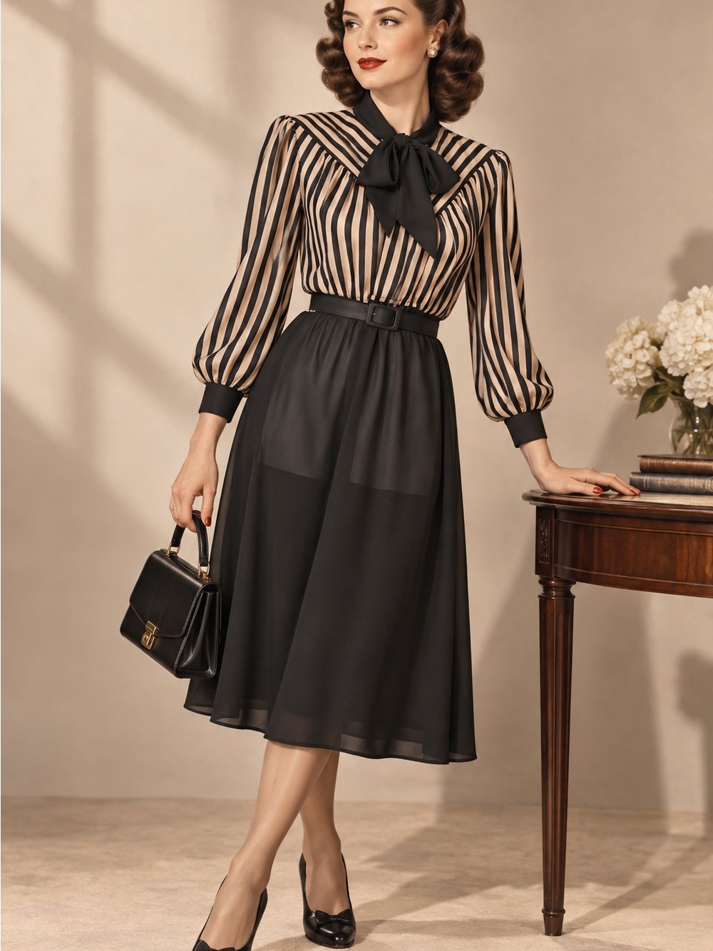 Vintage 70s Lady Carol Petites Striped Bow Secretary Dress Belted 10